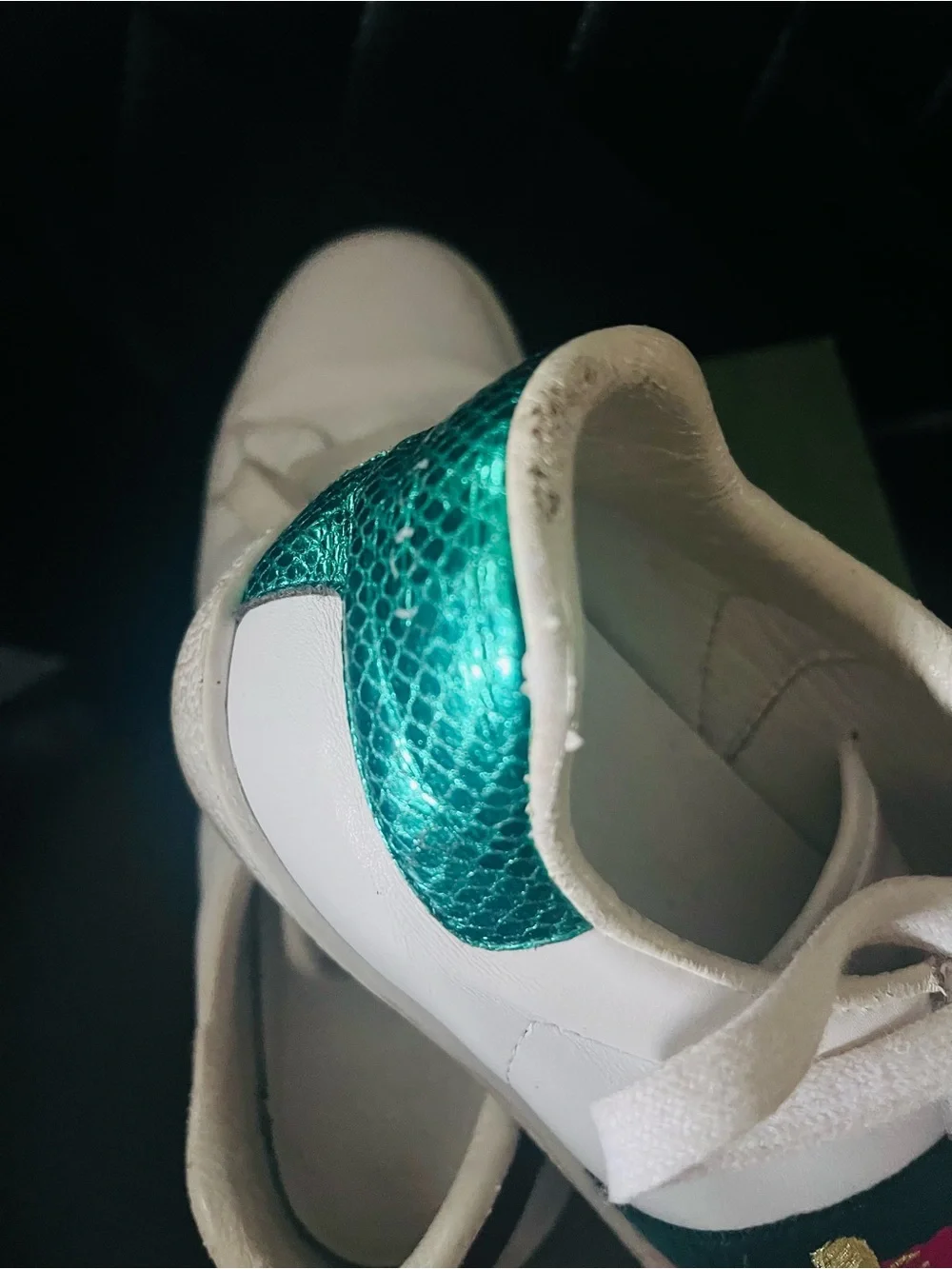 Gucci White Leather Sneakers with Green and Red Web Stripe and Gold Bee